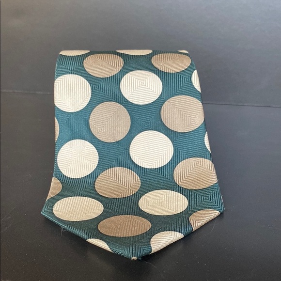 Pierre Cardin Silk Geometric Brocade Tie Green Tan Circles - Picture 1 of 5